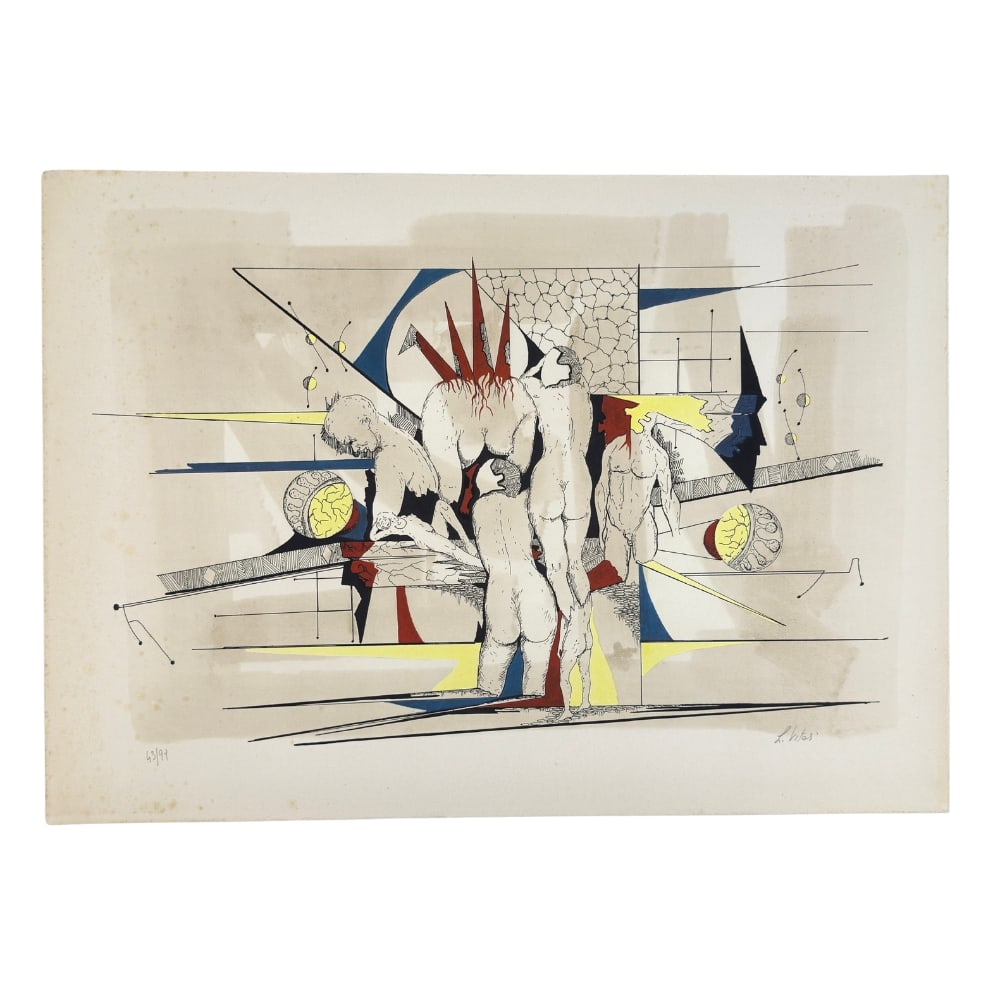 LIBERO VITALI ARTWORK ITALY: Dimensions: H 19.3” x W 27”. Abstract composition by Libero Vitali. Signed. Libero Vitali was an Italian Postwar painter and printmaker, known for his unique contemporary style, born in