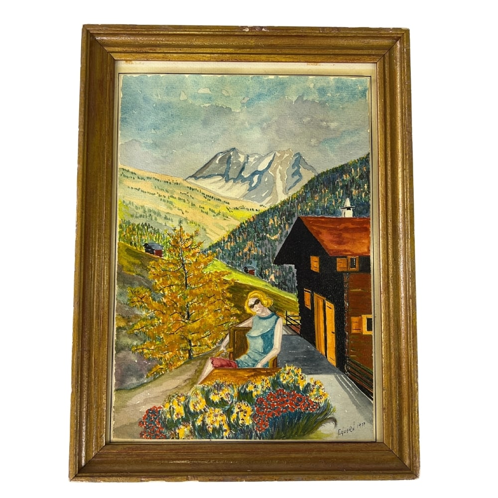 EDOUARD L. YVONNE DEVANT LE CHALET, 1977: Dimensions: H 15.5” x W 11.5”. Edouard L. “Yvonne devant le chalet” watercolor and gouache painting from 1977.