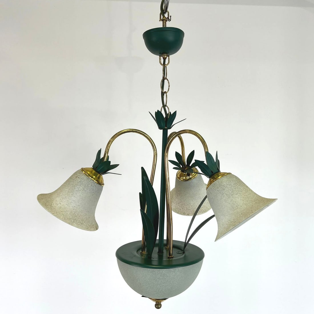 VINTAGE METAL FLOWER CHANDELIER: Dimensions: H 25.5" x W 21" x D 9". Vintage green metal and glass flower chandelier.