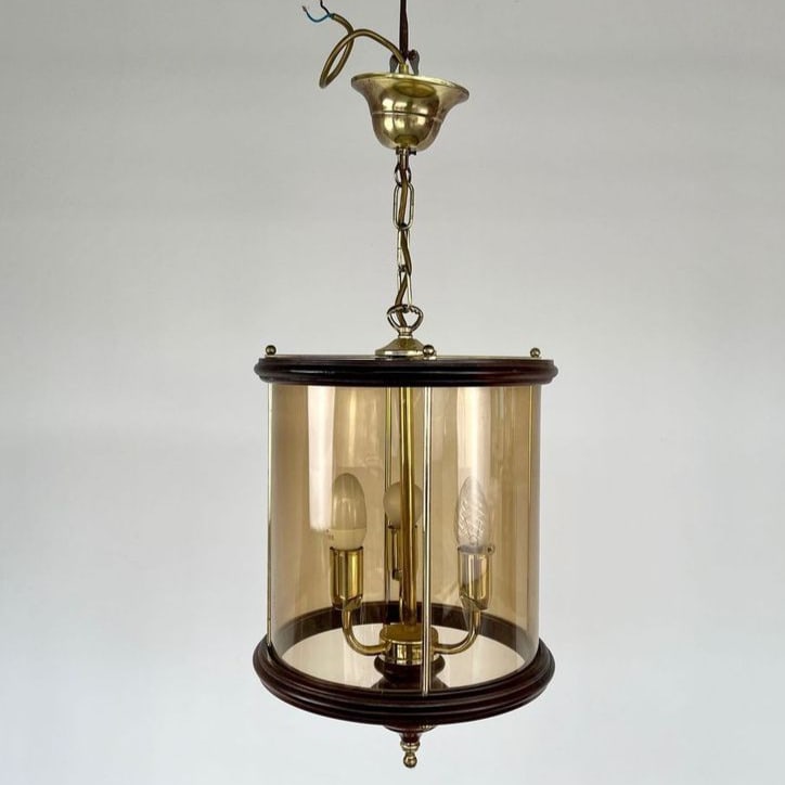 THREE LIGHT HALL LANTERN: Dimensions: H 24" x W 11". Vintage three light Holl Lantern, made of wood, brass and smoked glass.