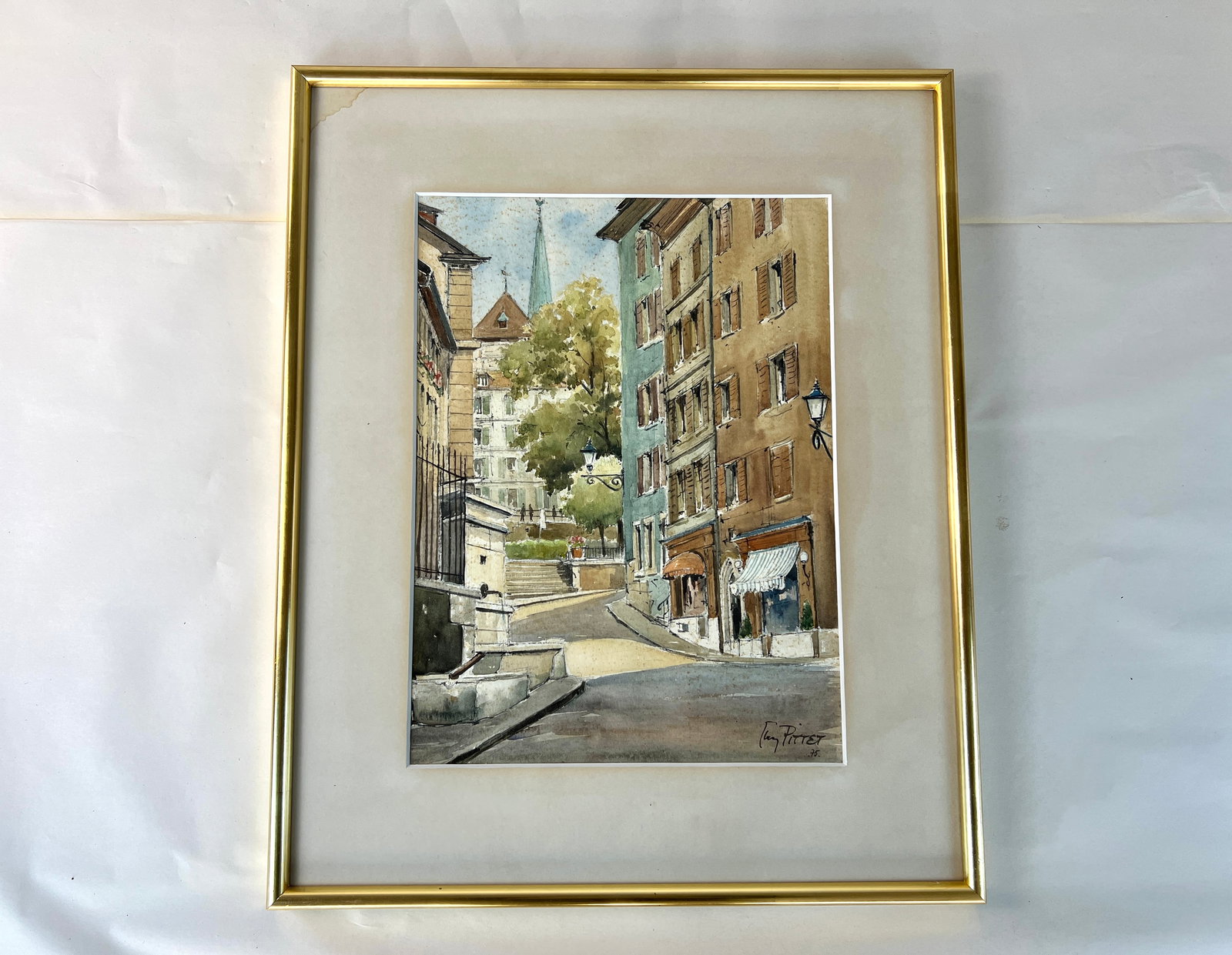 PARISIAN WATERCOLOR PAINTING BY PITTET, 1975: Dimensions: H 27” x W 22”. Watercolor painting by Pittet, framed.