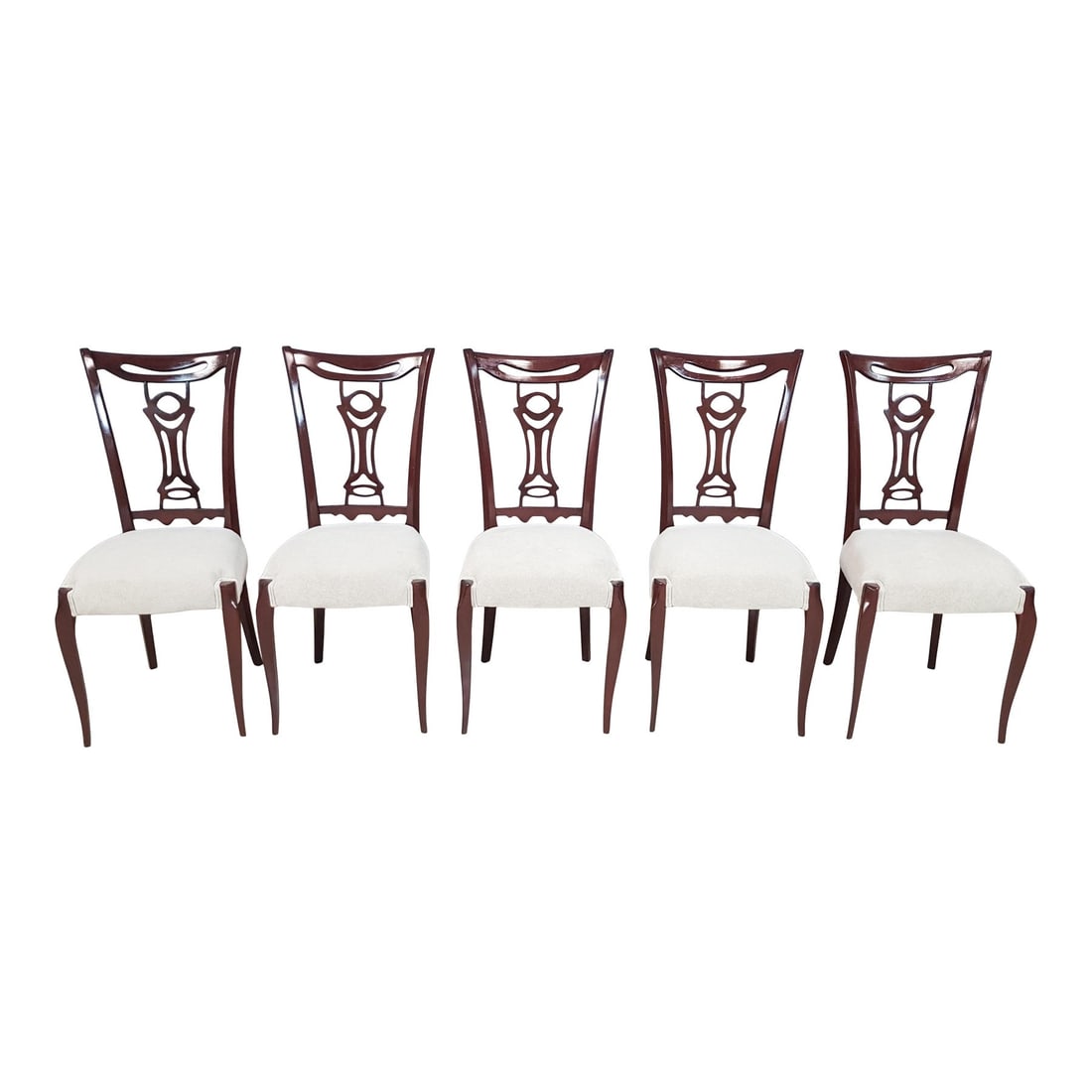 (5) ITALIAN DINING CHAIRS STYLE OF PAOLO BUFFA: Dimensions: H 36.2" x W 17.7" x D 17.7". Set of 5 Italian modern dining chairs in the style of Paolo Buffa. Sculptural lacquered solid frame and reupholstered with off-white fabric seat.