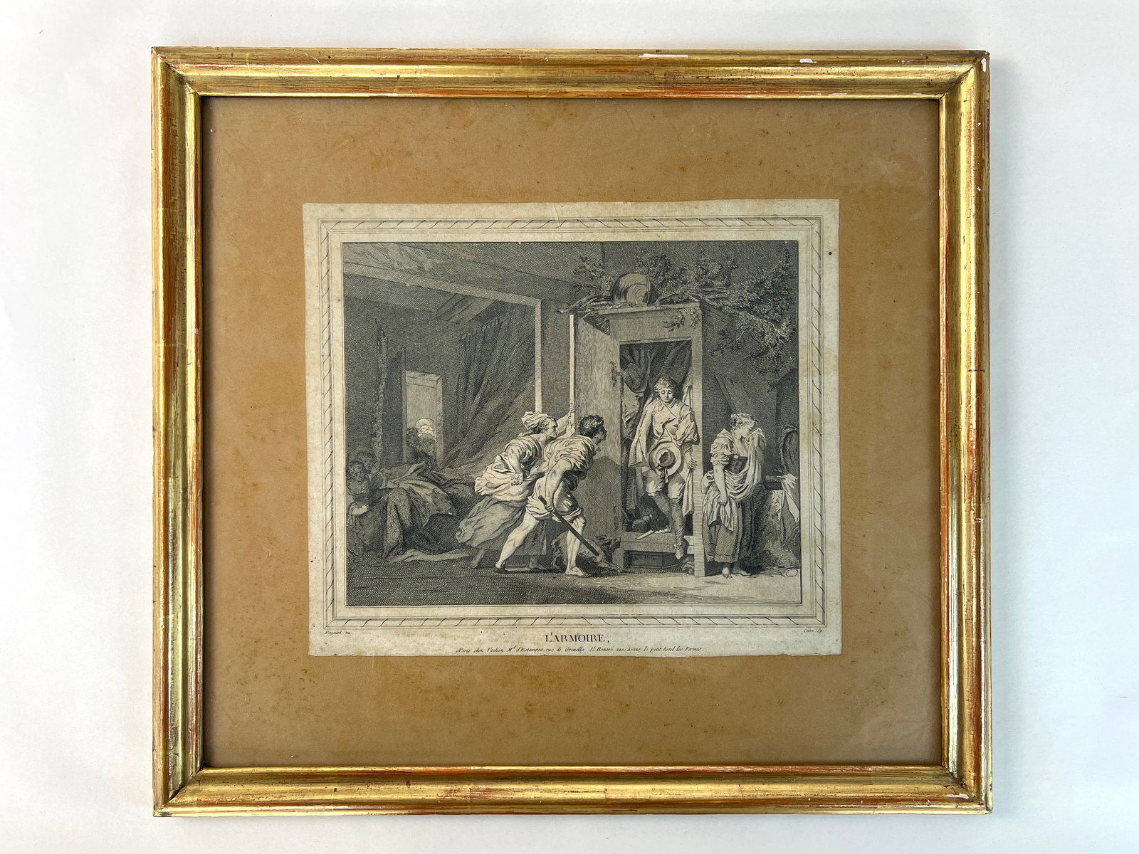 THE DISCOVERED LOVER JEAN-HONORE FRAGONARD ETCHING: Dimensions: H 17” x W 19”. “The discovered lover” framed etching by Jean-Honore Fragonard.