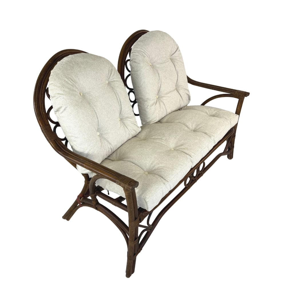 VINTAGE RATTAN LOVESEAT: Dimensions: H 40" x W 52” x SD 18.5” x SH 19”. Vintage Italian rattan and bamboo loveseat with new off-white upholstered loose padded cushions.