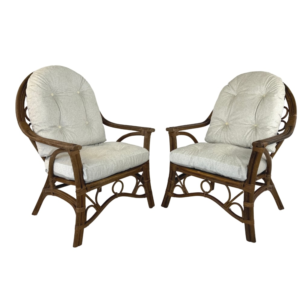 (2) VINTAGE RATTAN LOUNGE CHAIRS: Dimensions: H 40" x W 26.7” x D 29” x SH 19. Pair of Italian bamboo and rattan lounge chairs with new off-white loose padded cushions.