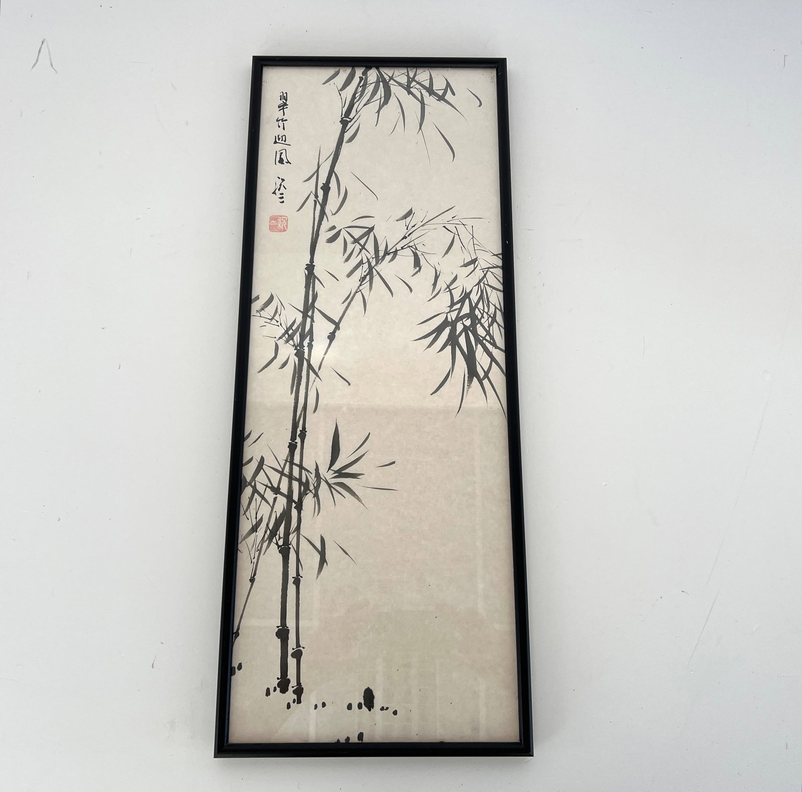 CHINESE SCROLL PAINTING BAMBOO: Dimensions: 27.5” x W 11”. Chinese scroll painting Bamboo with black wooden frame with glass on top.