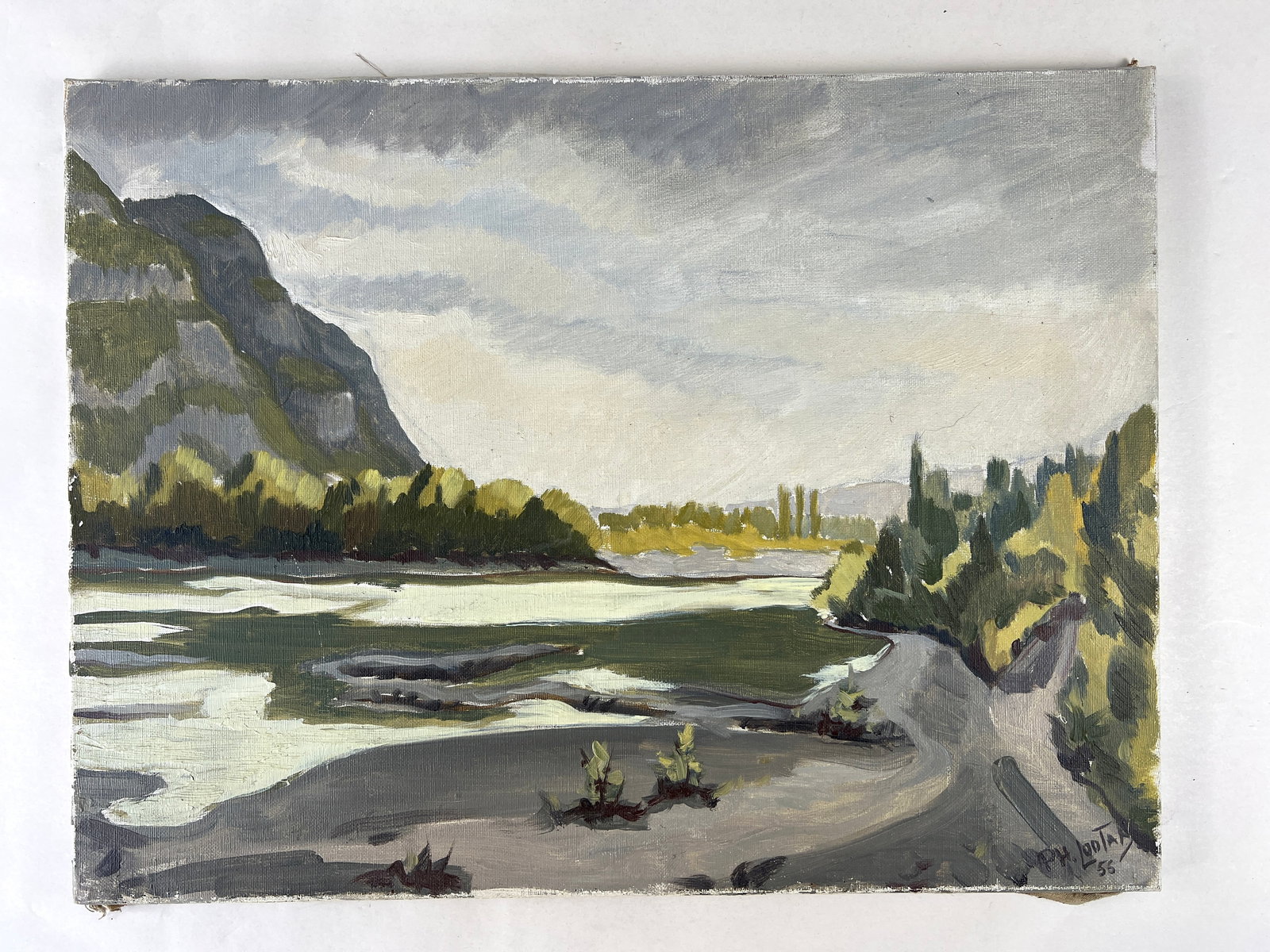 MOUNTAIN LANDSCAPE PH. LOUTAN OIL PAINTING, 1956: Dimensions: H 15” x W 19.7”. Ph. Loutan Landscape oil on canvas painting.