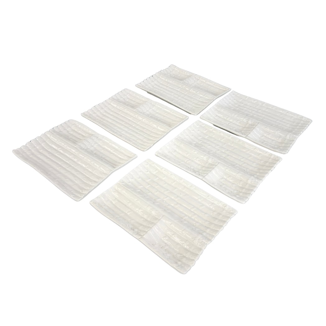 (6) MAJOLICA SERVING PLATTERS: Dimensions: W 9.3” x D 7”. Set of 6 white majolica vintage ceramic serving platters.