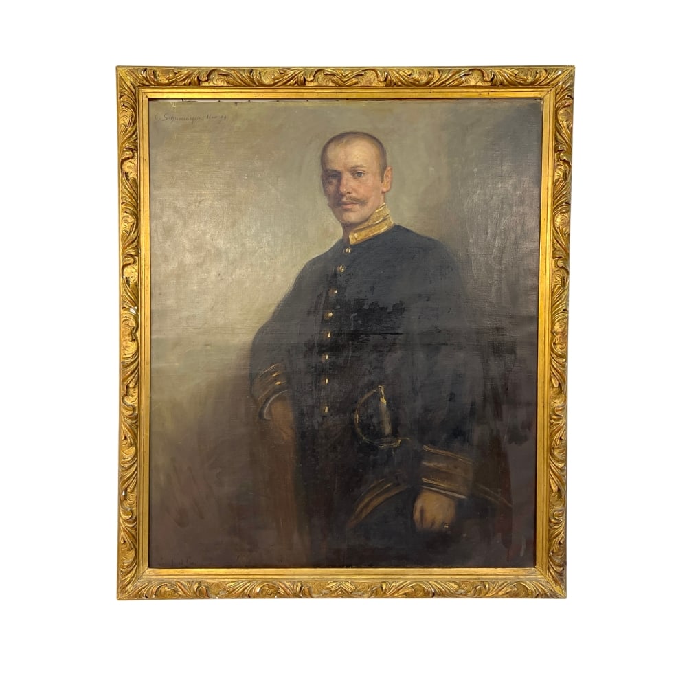 LARGE PORTRAIT YOUNG MILITARY OFFICER, OIL ON CANVAS, SIGNED: Dimensions: H 53.3” x W 45”. An oversized portrait of a young military officer, oil on canvas with antique gilded wood frame.