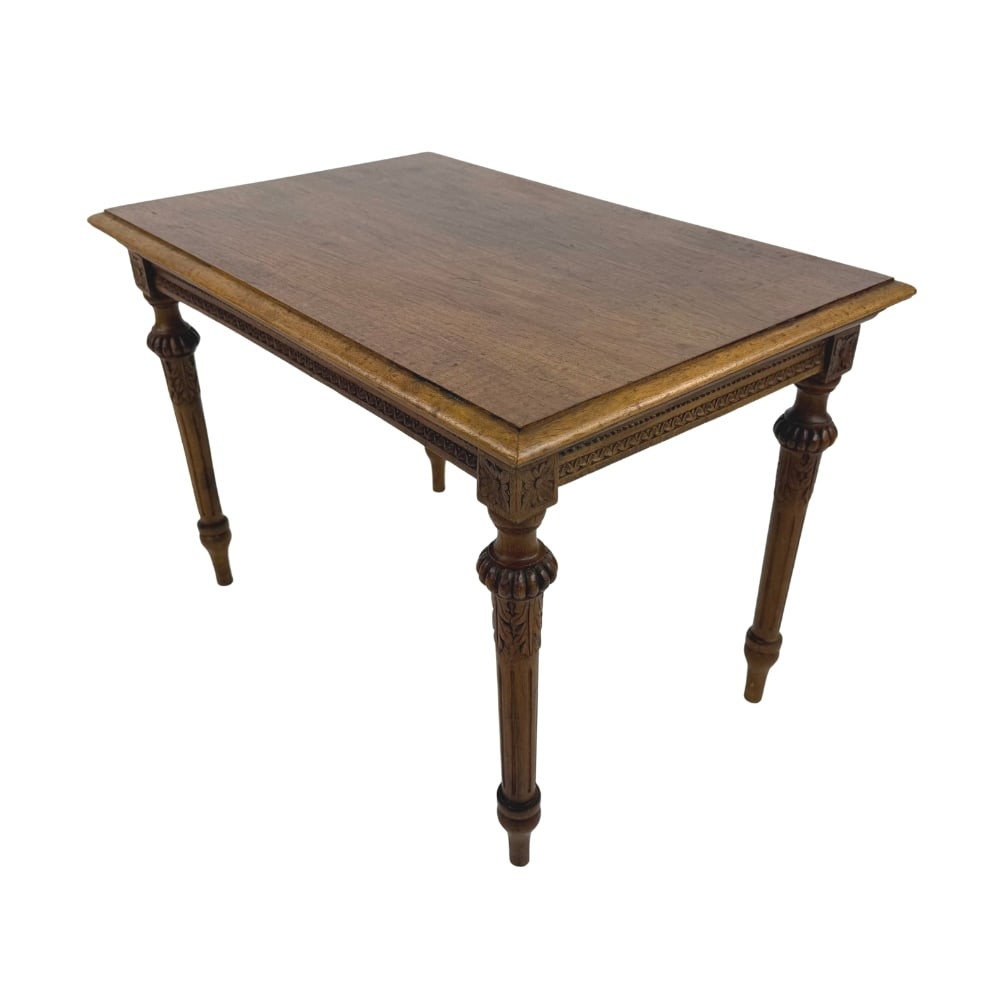 LOUIS XVI COFFEE TABLE: Dimensions: H 18.3” x W 26” x D 17.3”. French Louis XVI style coffee or side table in solid carved oak.