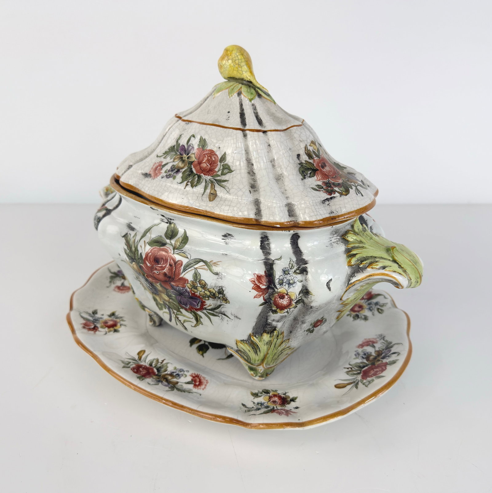 (2) VINTAGE ITALIAN DISHES: Dimensions: H 10” x W 14”. Vintage Italian hand-painted ceramic tureen and a plate. Dimensions: W 14”.