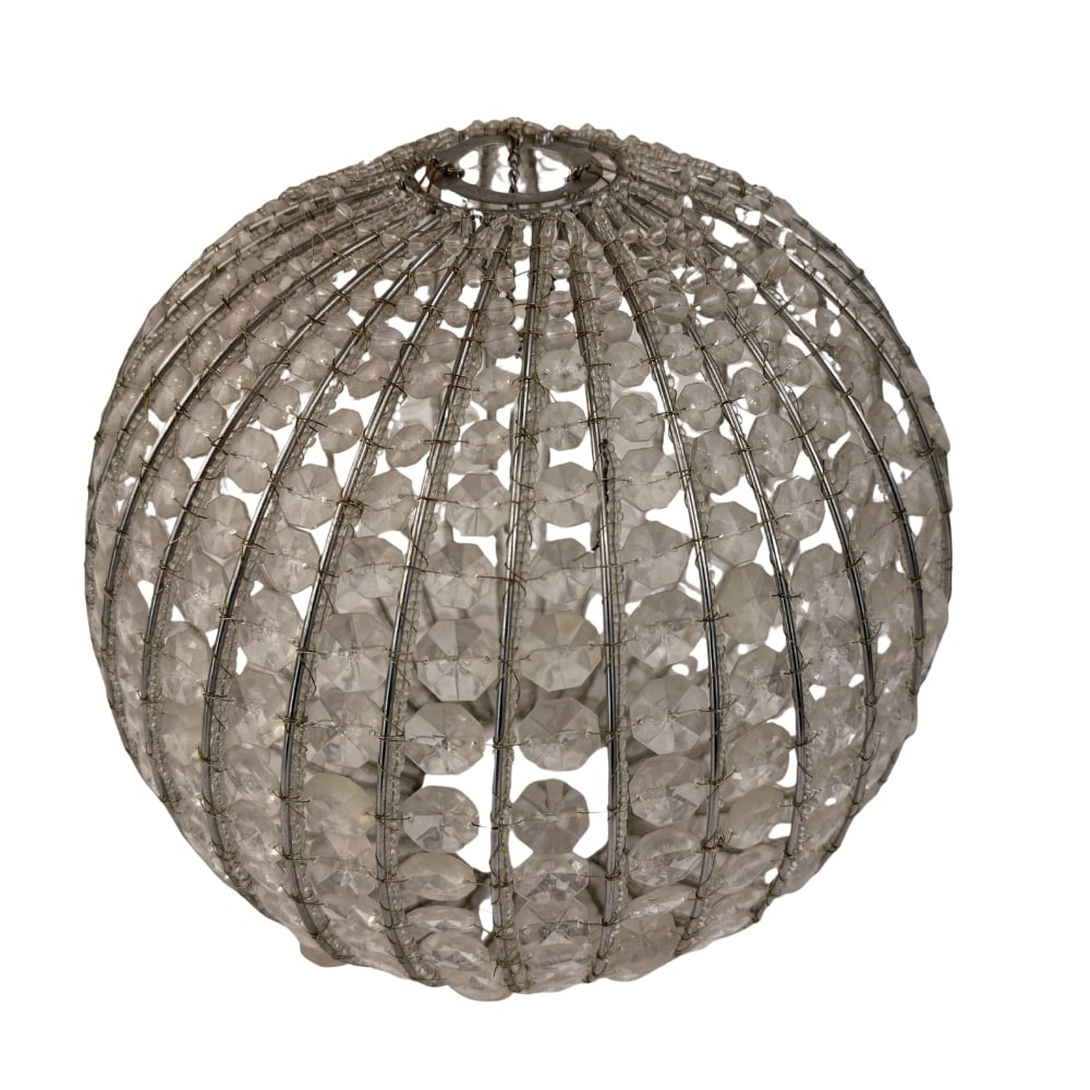 VINTAGE GLOBE PENDANT LAMP: Dimensions: H 13” x W 13”. Vintage faceted beads globe pendant light metal frame, no hardware.