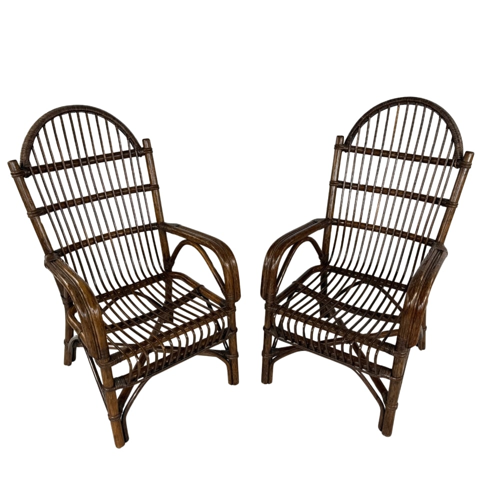 FRENCH RATTAN ARMCHAIRS, A PAIR: Dimensions: 43.5” x W 24.5” x D 31” x SH 16. Pair of Vintage French rattan and bamboo lounge armchairs.