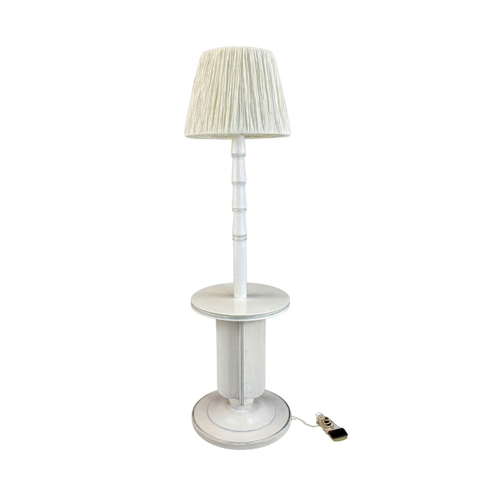 MID-CENTURY MODERN FRENCH FLOOR LAMP: Dimensions: H 65” x W 18”. Mid-Century Modern French floor lamp with built-in round table shelf, white painted with white fabric lampshade.