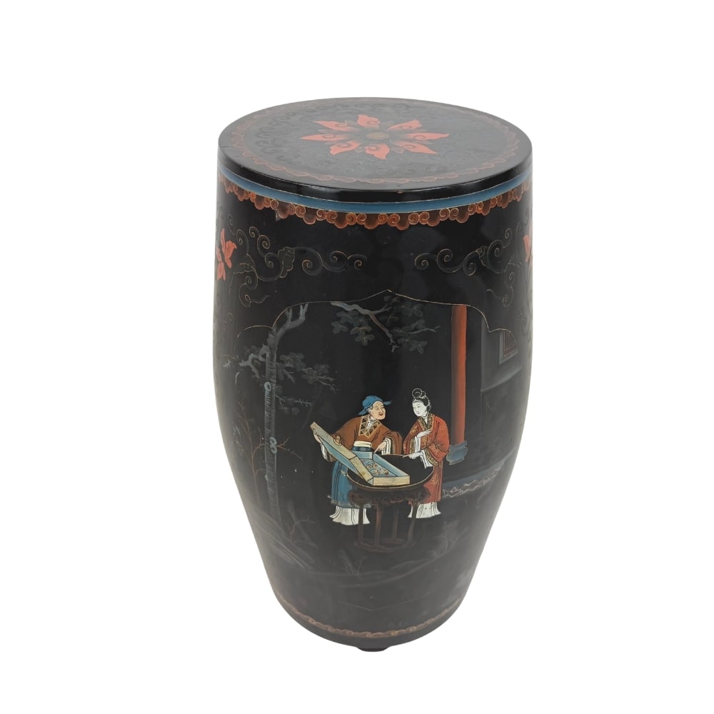 CHINESE HAND PAINTED GARDEN STOOL: Dimensions: H 22.3” x W 10.5”. Antique Chinese hand carved and painted garden stool.