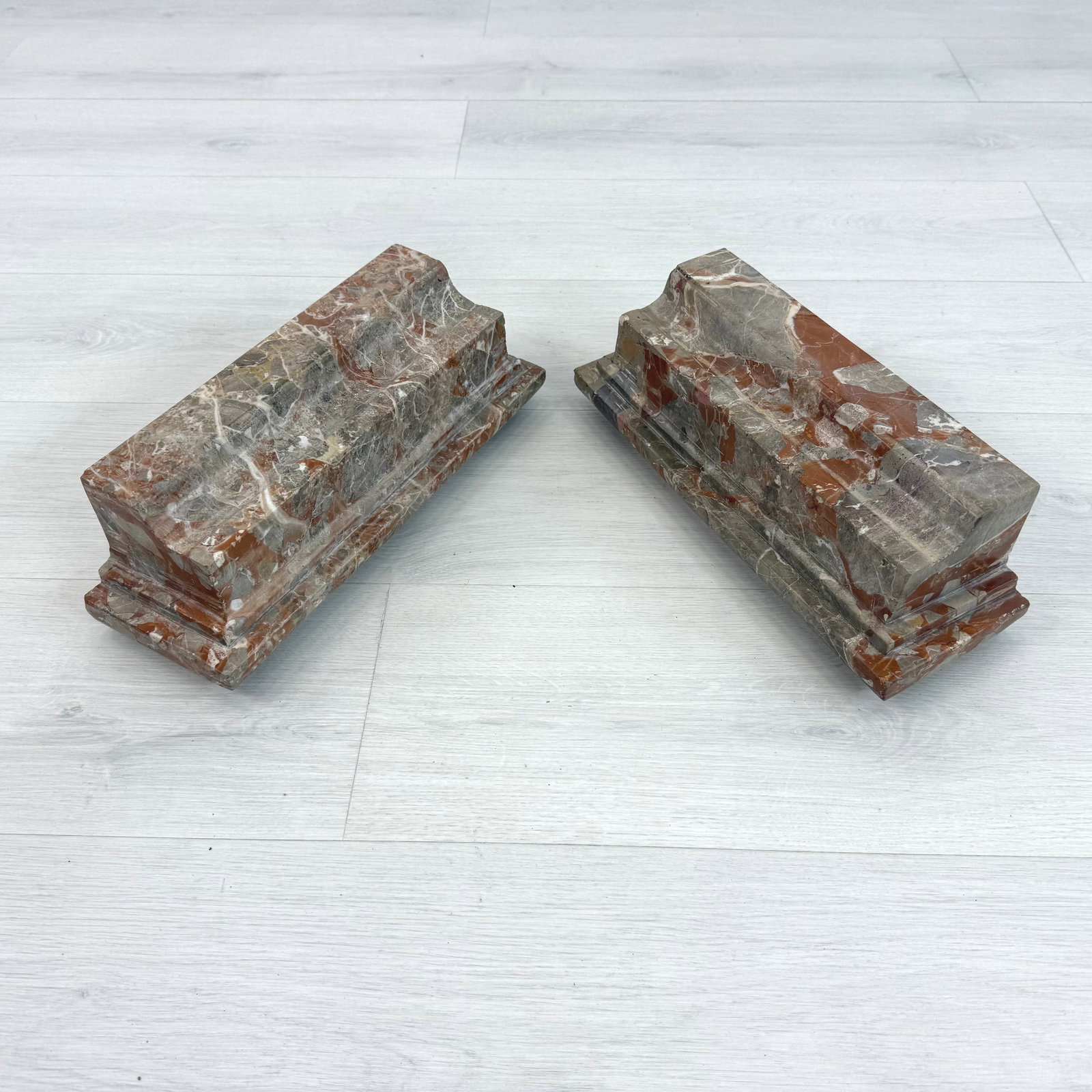 (2) MARBLE FIREPLACE MANTEL PIECES: Dimensions: H 4.7” x W 13.7” x D 4.7”. Set of 2 Antique marble fireplace mantel pieces.