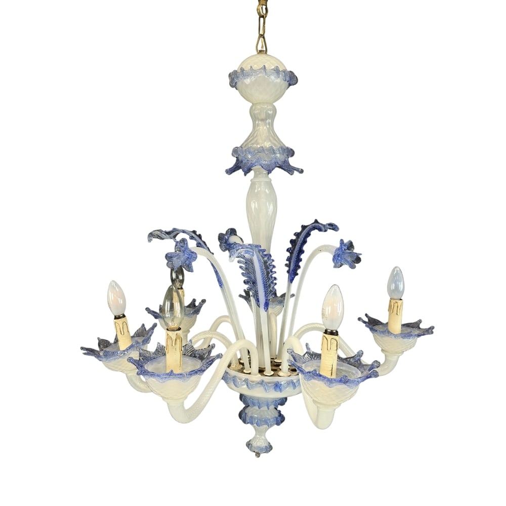 MURANO GLASS CHANDELIER: Dimensions: H 39” x W 29.5”. Italian Murano white and blue glass chandelier with 6 lights.