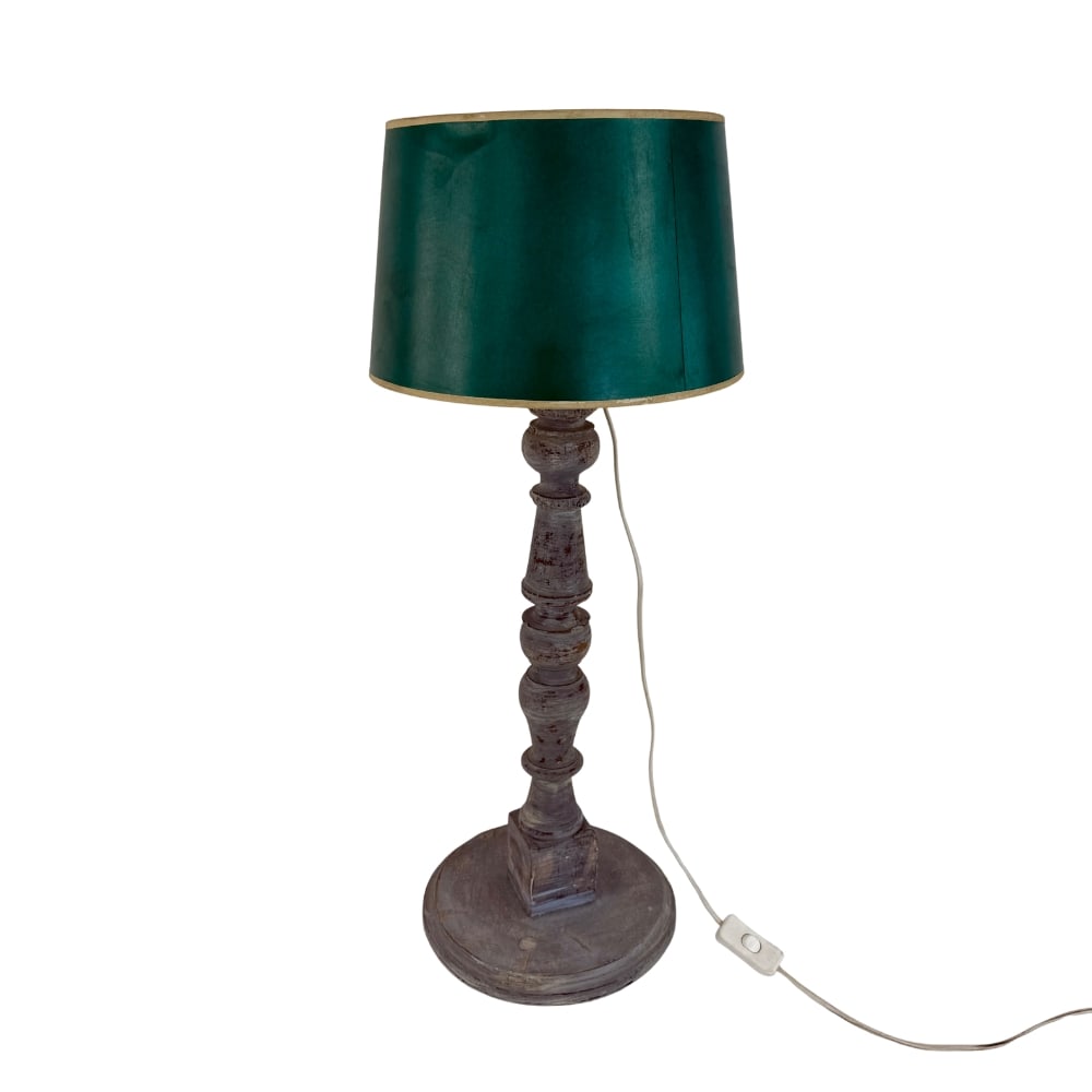 FRENCH WOODEN FLOOR LAMP: Dimensions: H 28.5” x W 10”. Vintage French floor lamp with carved and painted wooden base and green lampshade.