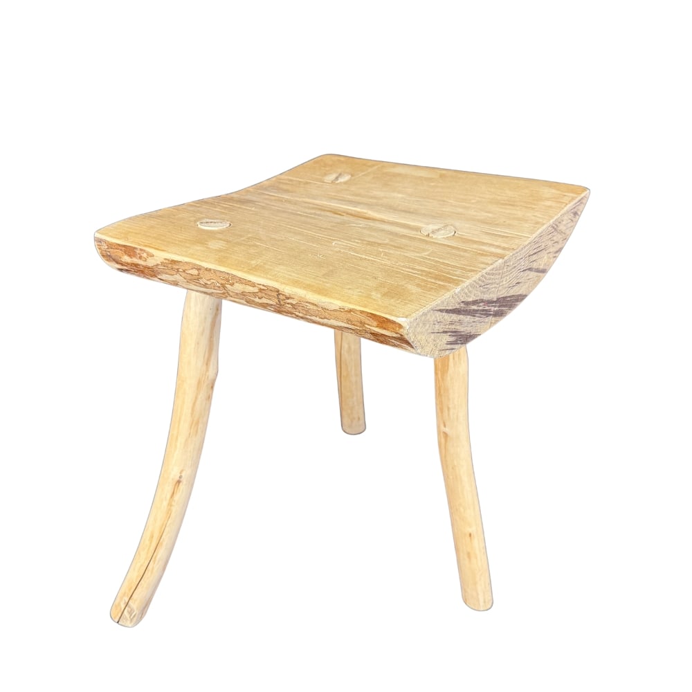 BRUTALIST WOODEN MILKING STOOL: Dimensions: H 19” x W 14.3” x D 13.5”. Dutch brutalist tripod side stool.