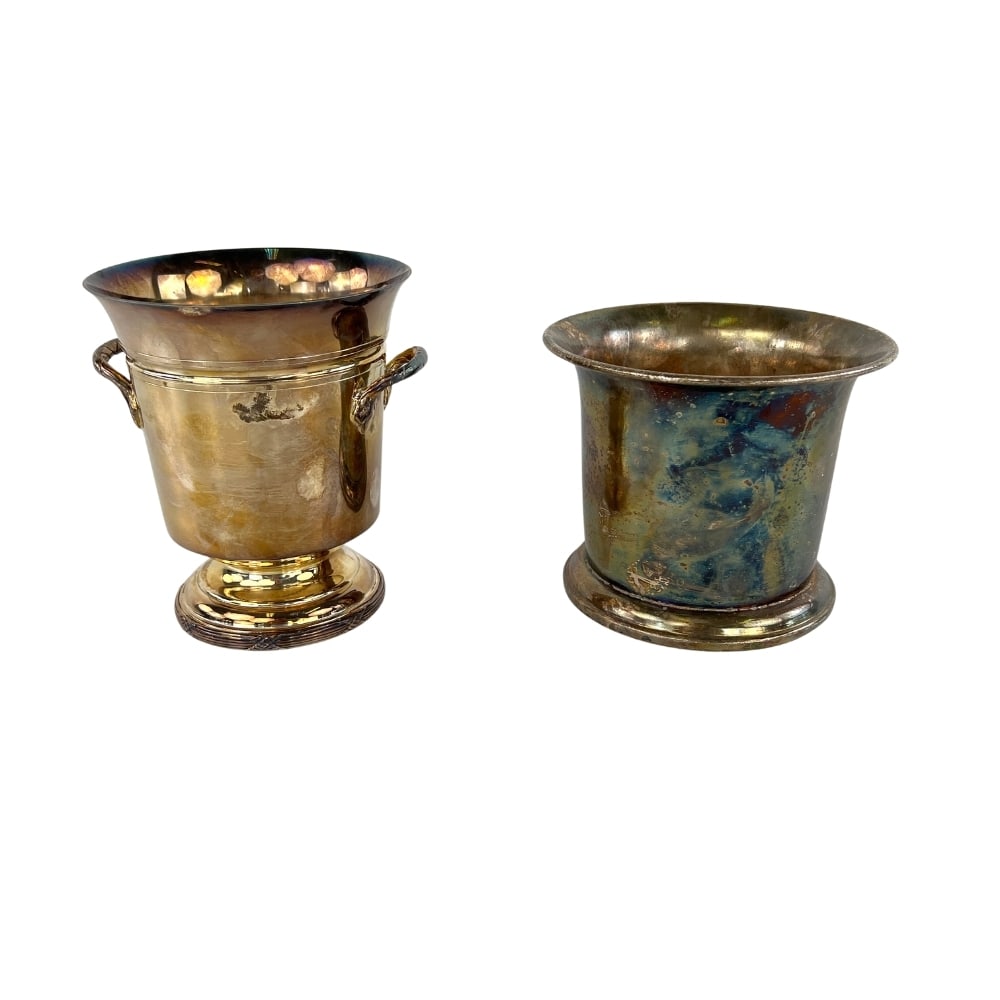 FRENCH SILVER PLATED CUPS, A PAIR: Dimensions: H 6.5” x W 5.3”. Pair of French silver plated cups. Dimensions: H 5” x W 5.3”.