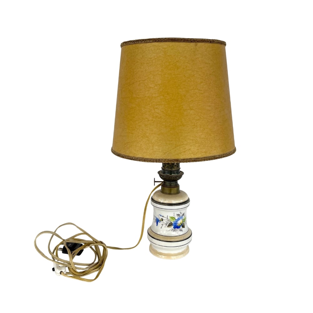 CERAMIC TABLE LAMP: Dimensions: H 17.5” x W 4”. Hand painted ceramic and brass table lamp with lampshade.