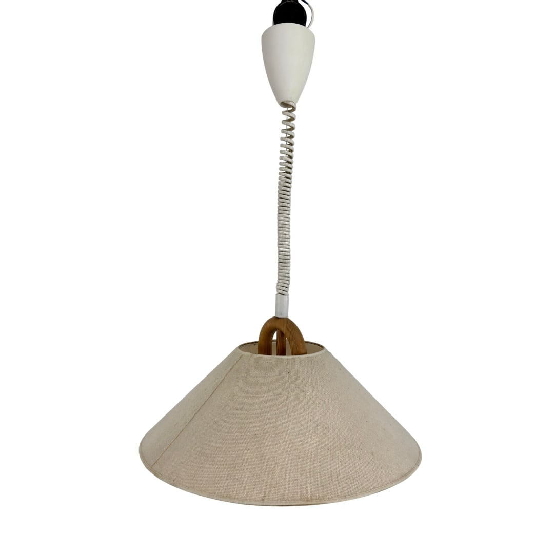 HEIGHT-ADJUSTABLE SCANDINAVIAN PENDANT LAMP: Dimensions: H 7” x W 19.7”. Vintage height-adjustable Scandinavian pendant lamp with conical beige fabric lampshade and pine wood base.
