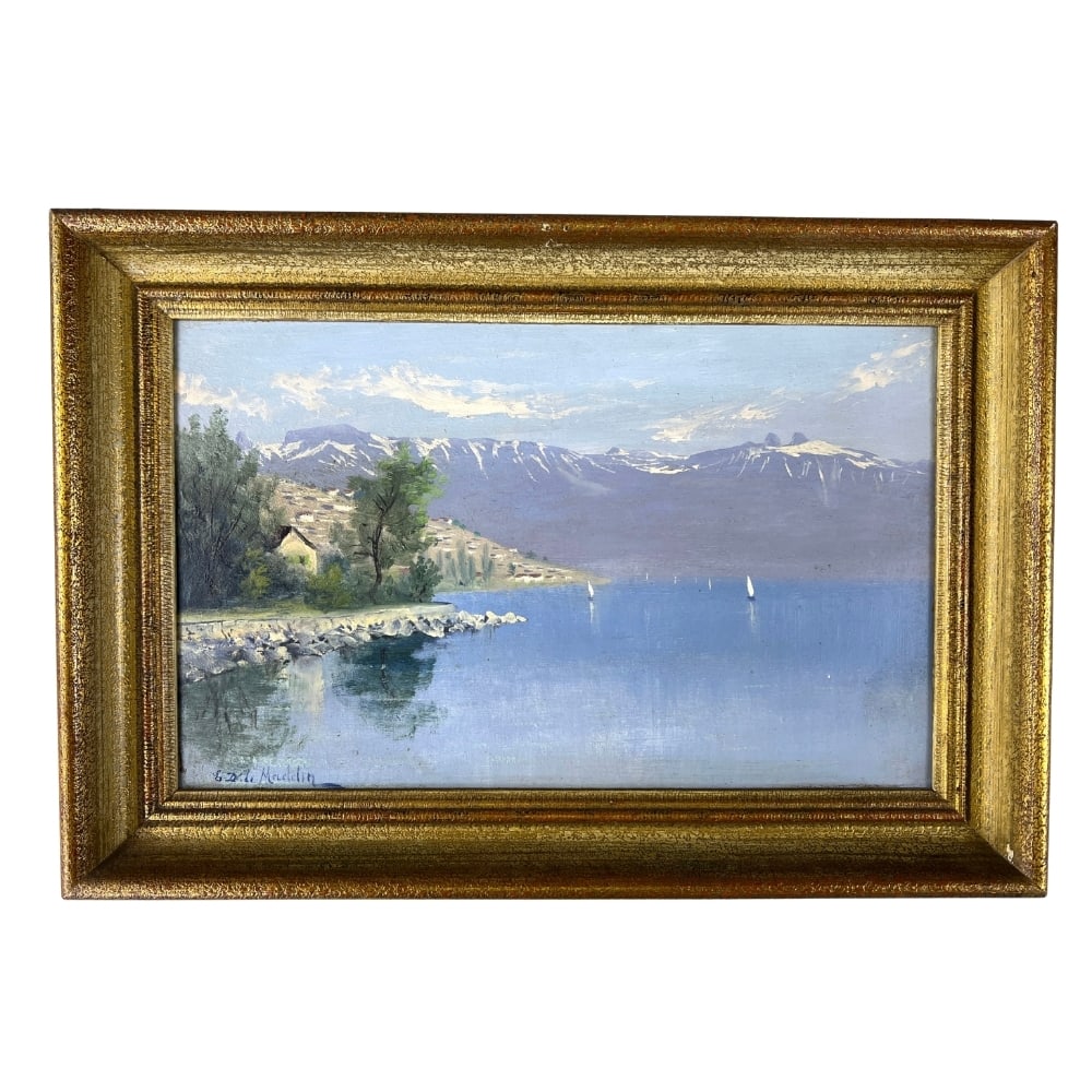 LAKE VIEW OIL ON CANVAS, SIGNED: Dimensions: H 11” x W 16”. Oil on canvas painting “Lake view” with wooden frame. Signed.