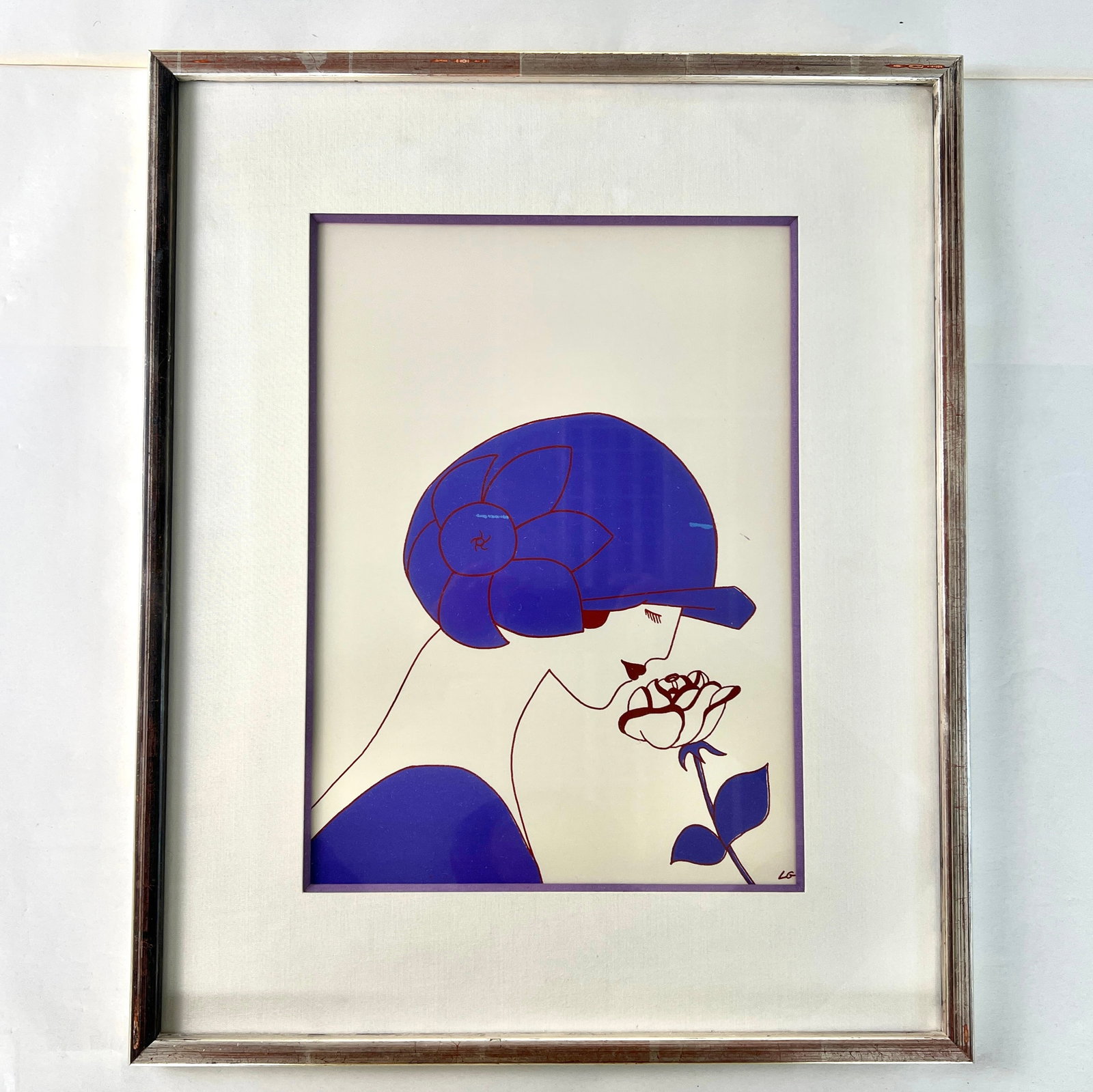 VINTAGE FRAMED ART POSTER: Dimensions: H 21.7” x W 18”. Illustration of a woman with flower with wooden frame. Signed.