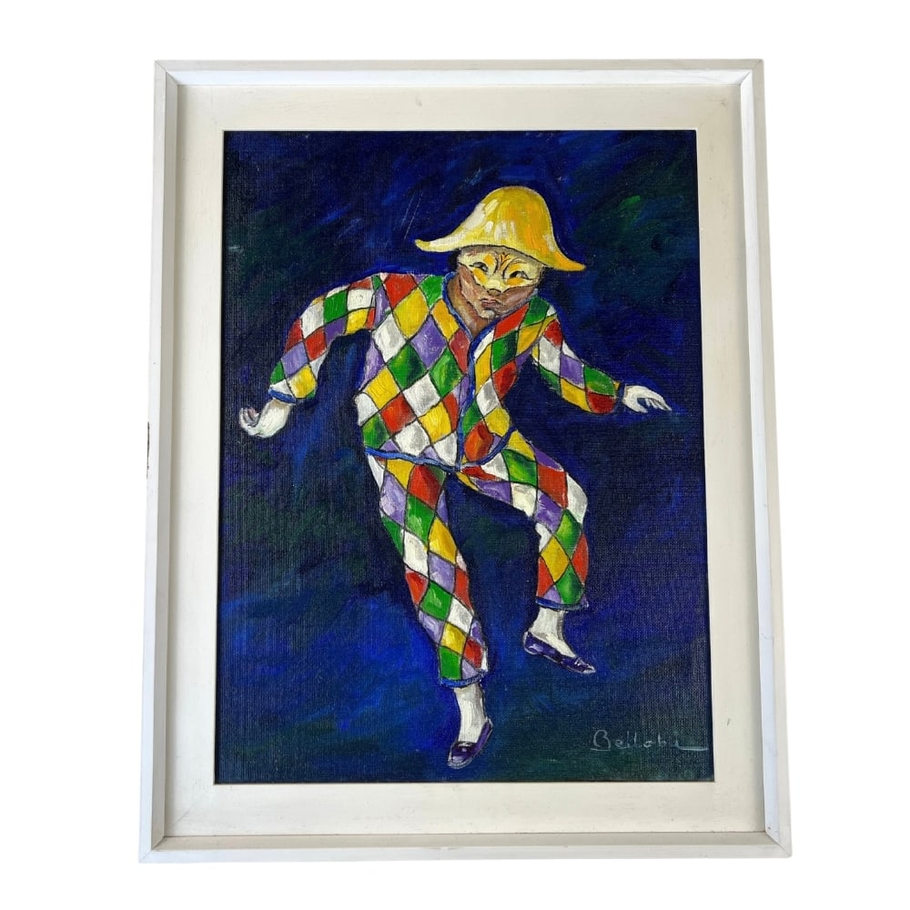 OIL PAINTING HARLEQUIN, SIGNED: Dimensions: H 28” x W 21.7”. Oil painting Harlequin with white painted wooden frame. Signed Bellabi.