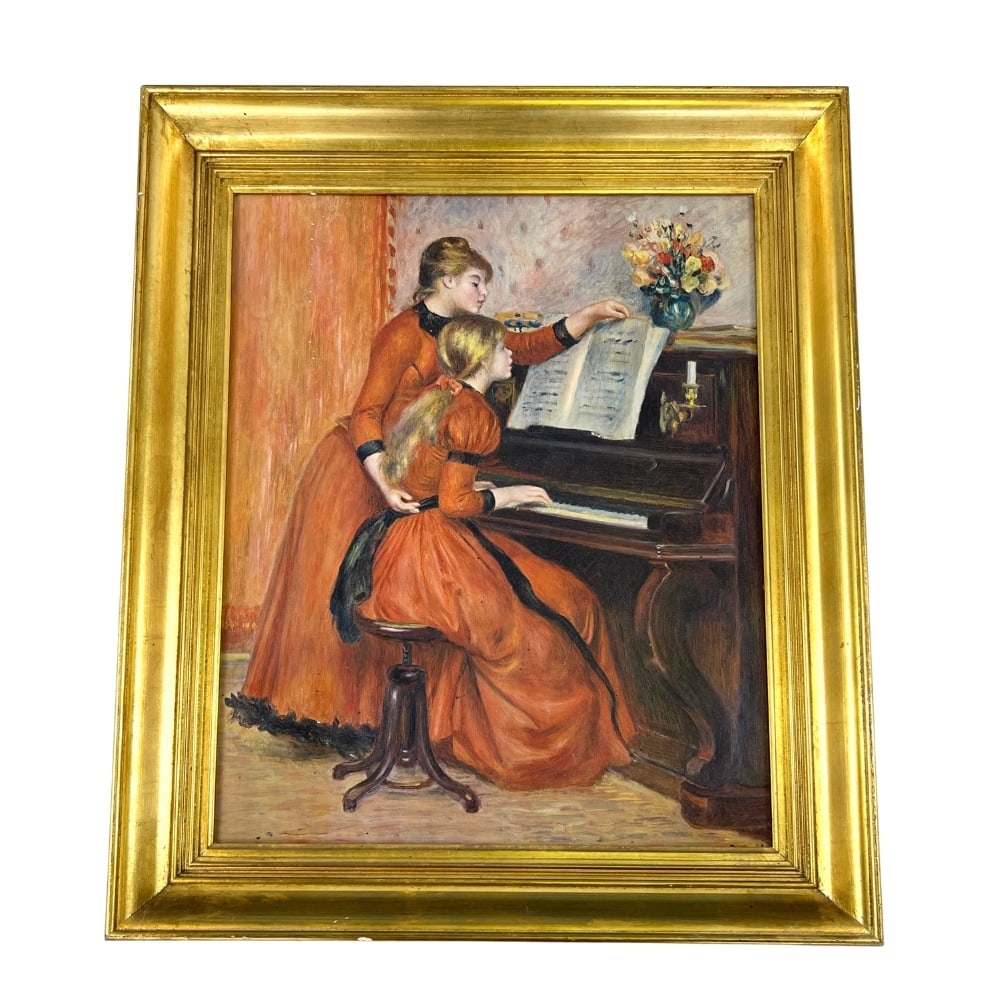 YOUNG GIRLS AT THE PIANO BY RENOIR, REPRODUCTION: Dimensions: H 26” x W 22”. Reproduction “Young girls at the piano” by Renoir with gilded wood frame.