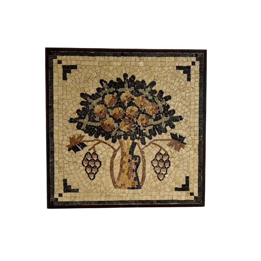 MADABA TREE OF LIFE FRAMED MOSAIC: Dimensions: H 15.3” x W 15.3”. “Madaba” Tree of Life, handmade framed mosaic.