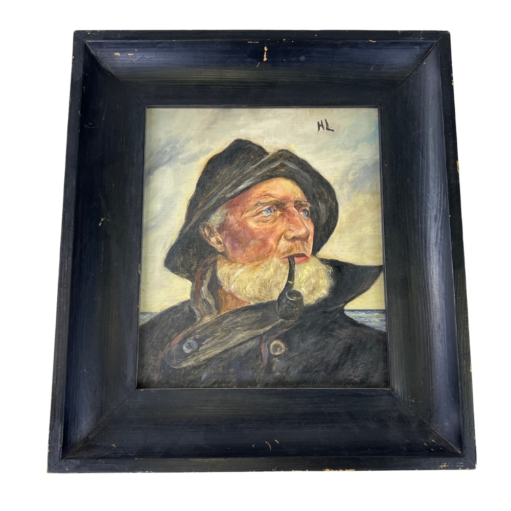 PIPE SMOKING FISHERMAN, SIGNED H.L.: Dimensions: H 19.3” x W 17.3”. Oil on canvas painting Pipe smoking Fisherman with black wooden frame. Signed HL.