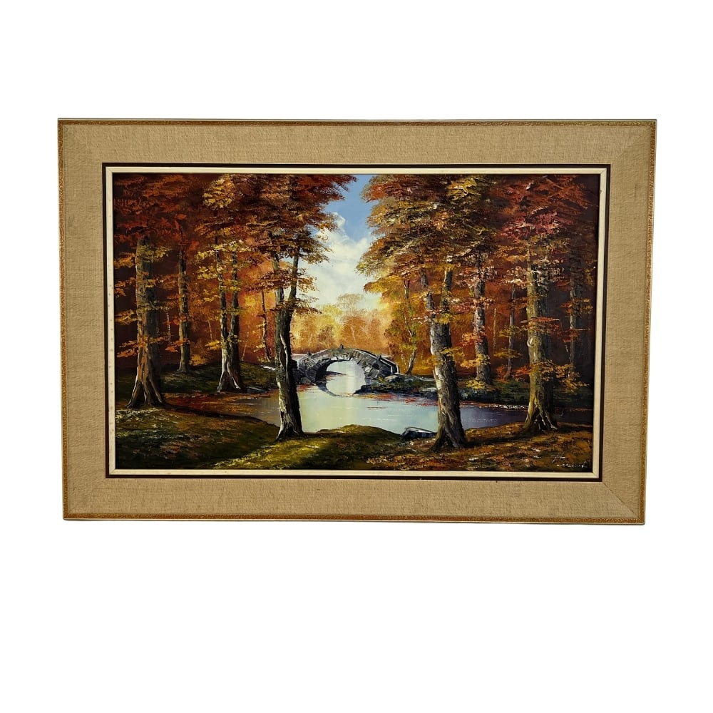 AUTUMNAL STREAM SCENE, SIGNED: Dimensions: H 25.5” x W 37.5”. Autumnal stream scene oil on canvas with wooden frame. Signed.