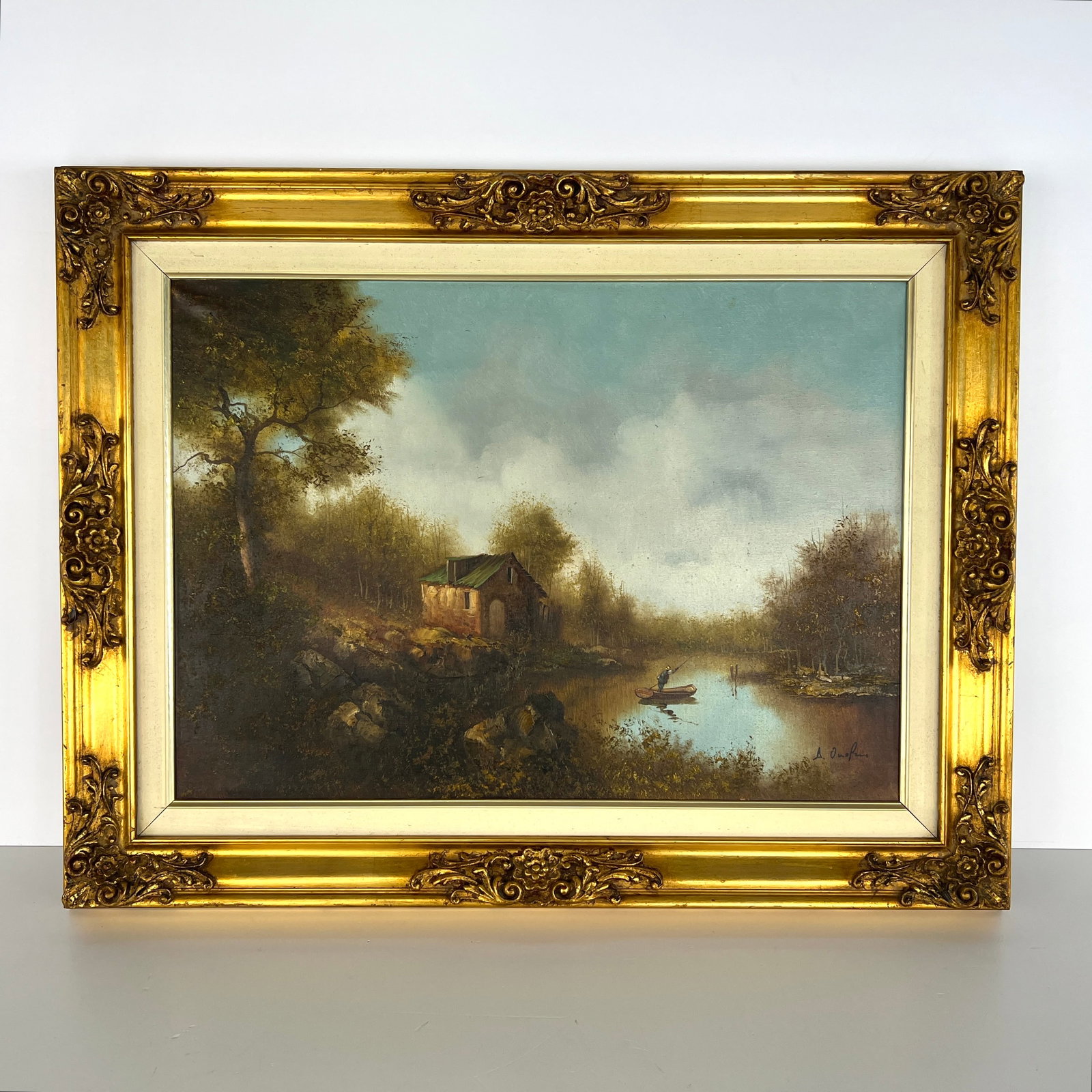 OIL ON CANVAS BY A. ONOFRIO: Dimensions: H 27.5” x W 35”. Oil on canvas painting by A. Onofrio with gilded wood frame.