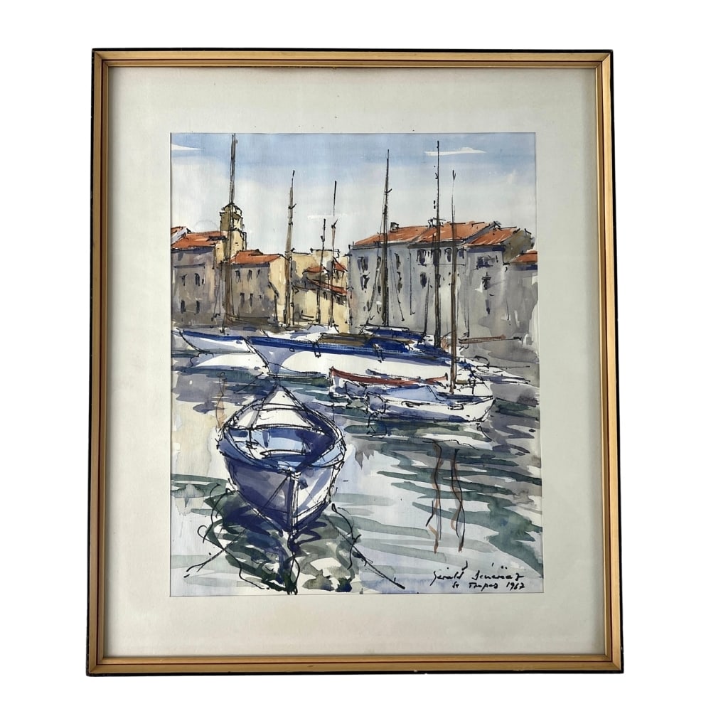 ST. TROPEZ WATERCOLOR PAINTING, SIGNED, 1967: Dimensions: H 21” x W 17.7”. St. Tropez watercolor painting from 1967. Signed.