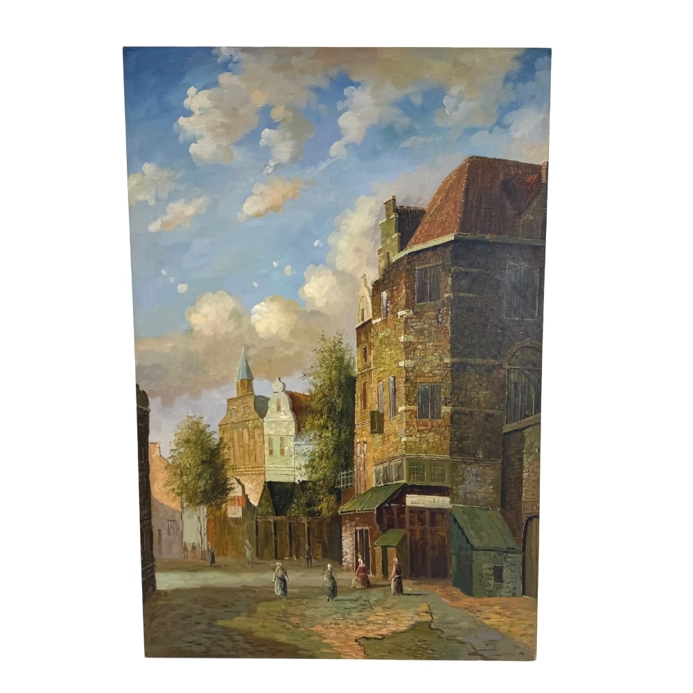 OIL ON CANVAS PAINTING, UNSIGNED: Dimensions: H 36” x W 24”. Dutch street scene oil on canvas painting. Unsigned.