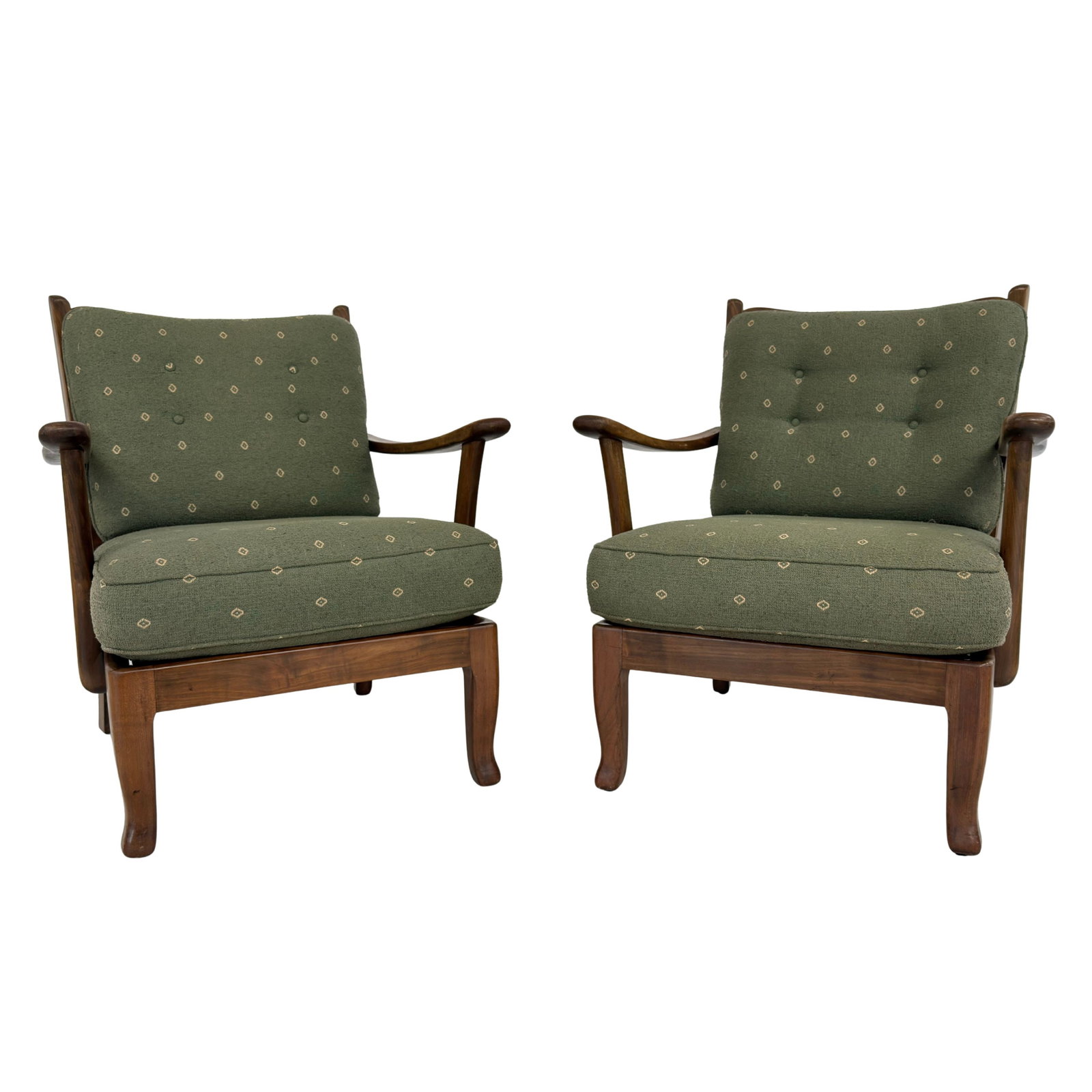 VINTAGE DANISH ARMCHAIRS, A PAIR: Dimensions: H 30” x W 26” x D 29” x SH 17”. Pair of Vintage Danish lounge armchairs with original green fabric loose padded cushions.
