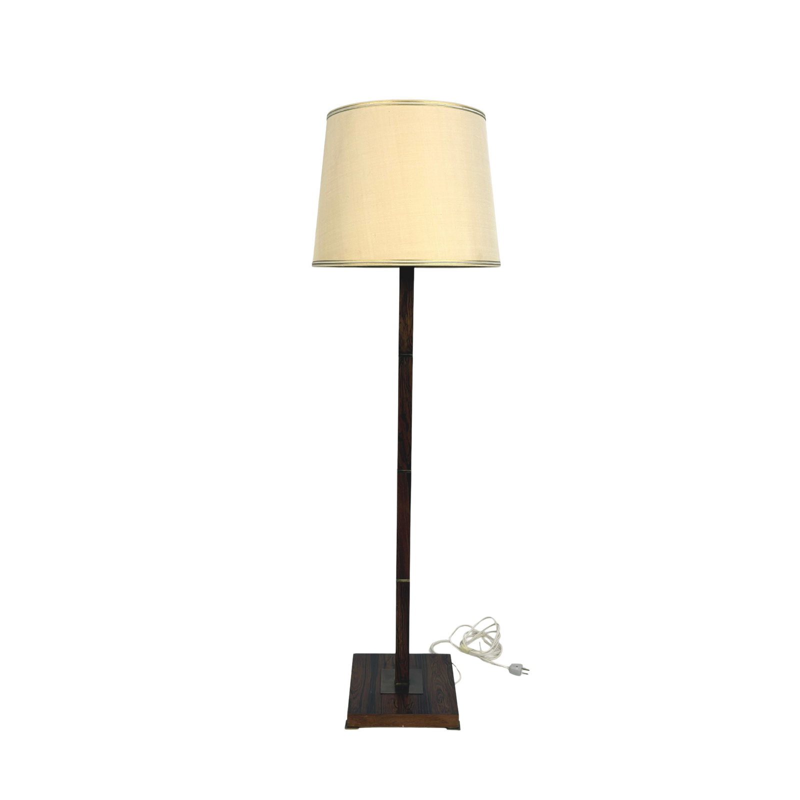 DANISH FLOOR LAMP, 1950s: Dimensions: H 52” x W 10”. Vintage Danish rosewood and brass floor lamp with fabric lampshade 1960s.
