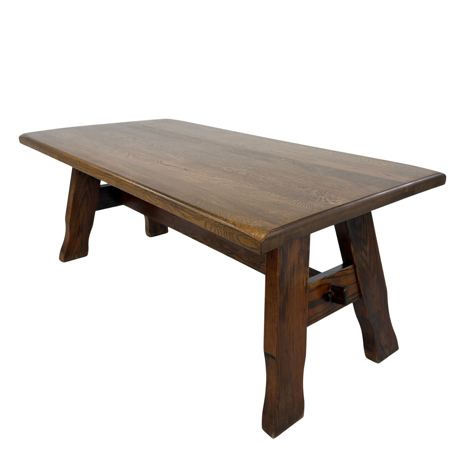 BRUTALIS OAK DINING TABLE: Dimensions: H 28.5” x W 69 x D 35.3”. Vintage Belgian Brutalist oak dining table from the 1960s with trestle base.