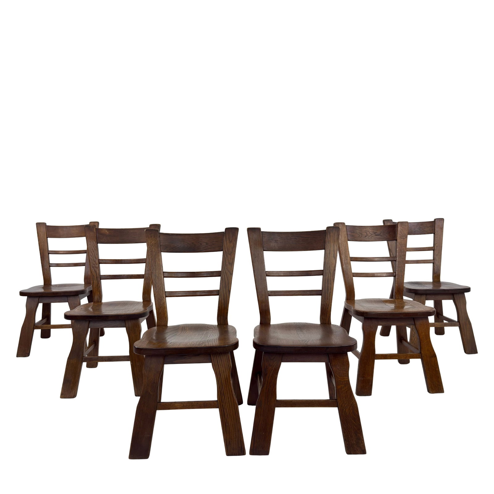 (6) BELGIAN BRUTALIST DINING CHAIRS: Dimensions: H 34” x W 17” x D 20.5” x SH 17.3”. Set of 6 Belgian Brutalist ladder back oak dining chairs.