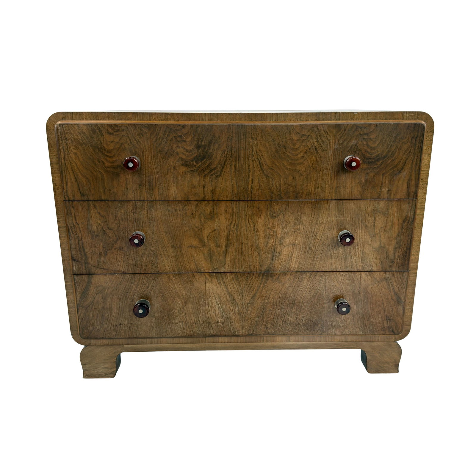 ART DECO WALNUT CHEST OF DRAWERS: Dimensions: H 27.5” x W 35.5” x D 20”. French Art Deco walnut chest of drawers with three drawers from the 1940s.