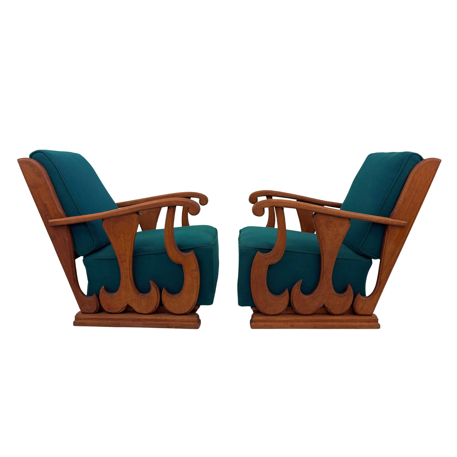 ART DECO LOUNGE ARMCHAIRS, A PAIR: Dimensions: H 29.5” x W 25.5” x D 32.5” x SH 15”. Pair of Vintage Art Deco lounge chairs with carved wood frames and original blue fabric loose padded cushions. Dimensions: H