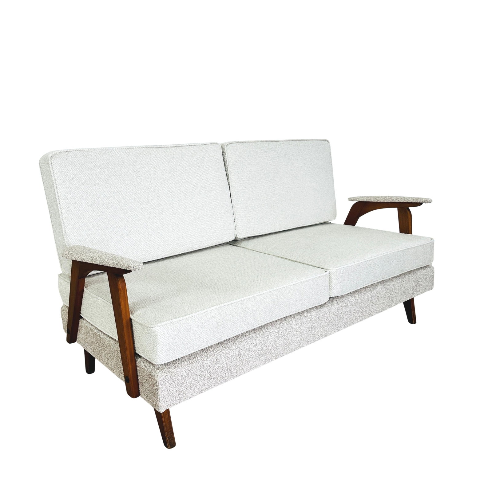 DANISH TWO-SEATER SOFA: Dimensions: H 32” x W 61.3” x D 27.5” x SH 16”. Vintage Danish two-seater sofa. Newly upholstered in off-white fabric.