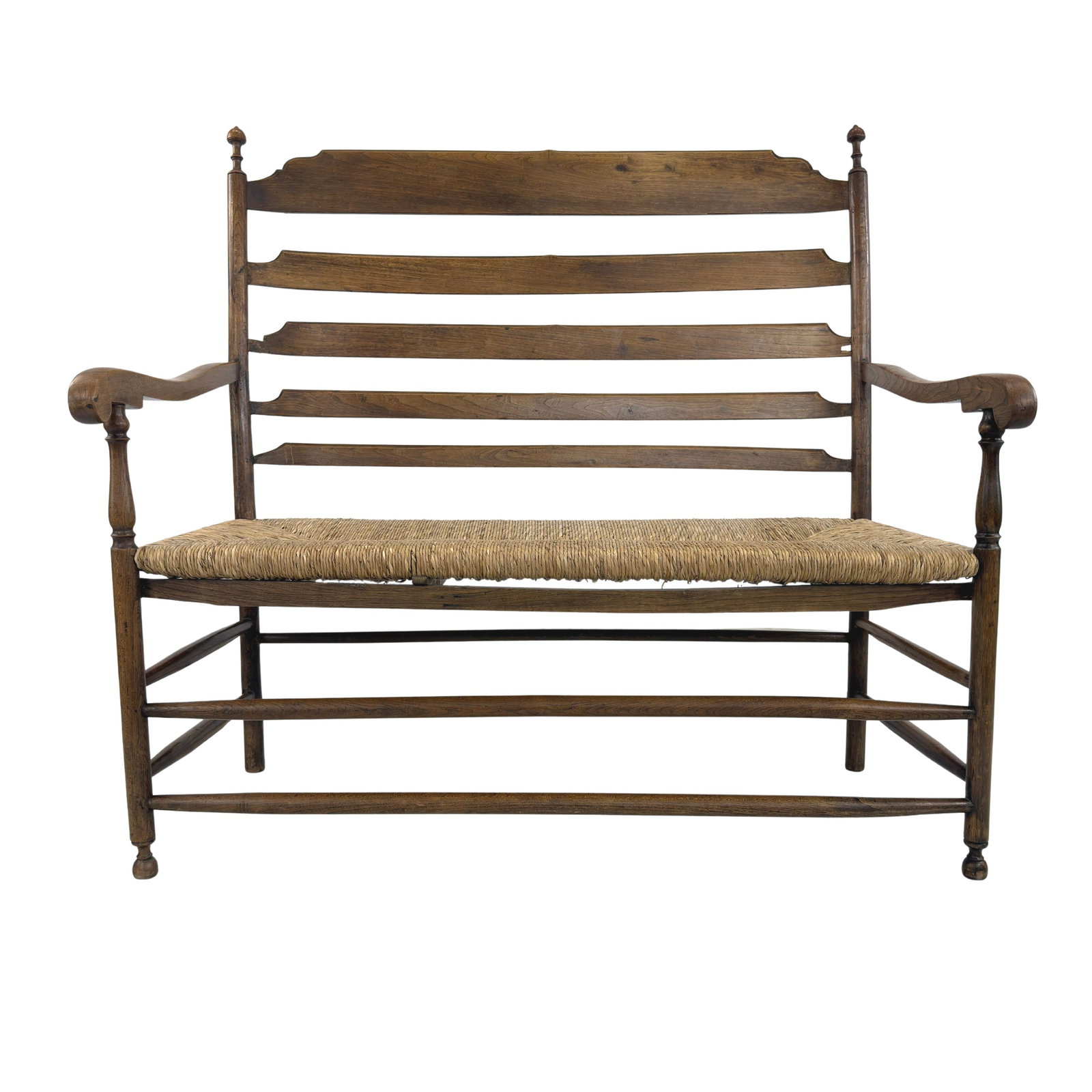 ANTIQUE LADDER BACK BENCH WILLIAM BIRCH: Dimensions: H 44.5” x W 47.7” x D 26” x SH 19”. Farmhouse ladder back bench manner of William Birch with woven rush seat.