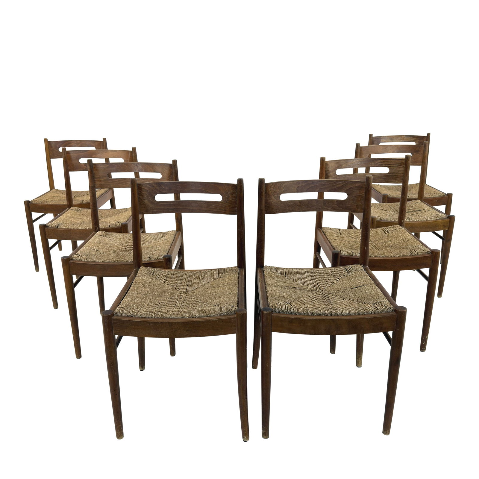 (8) DANISH RAZORBLADE DINING CHAIRS MANNER OTTO MOLLER: Dimensions: H 31” x W 16.5” x D 18.5” x SH 18.5”. Set of 8 dining chairs manner of Otto Moller with original wicker seats.