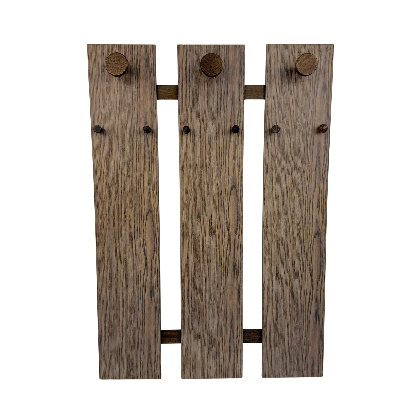VINTAGE WOODEN COAT RACK: Dimensions: H 45.5” x W 31.5”. Vintage coat rack with three wooden panels with 9 hooks.