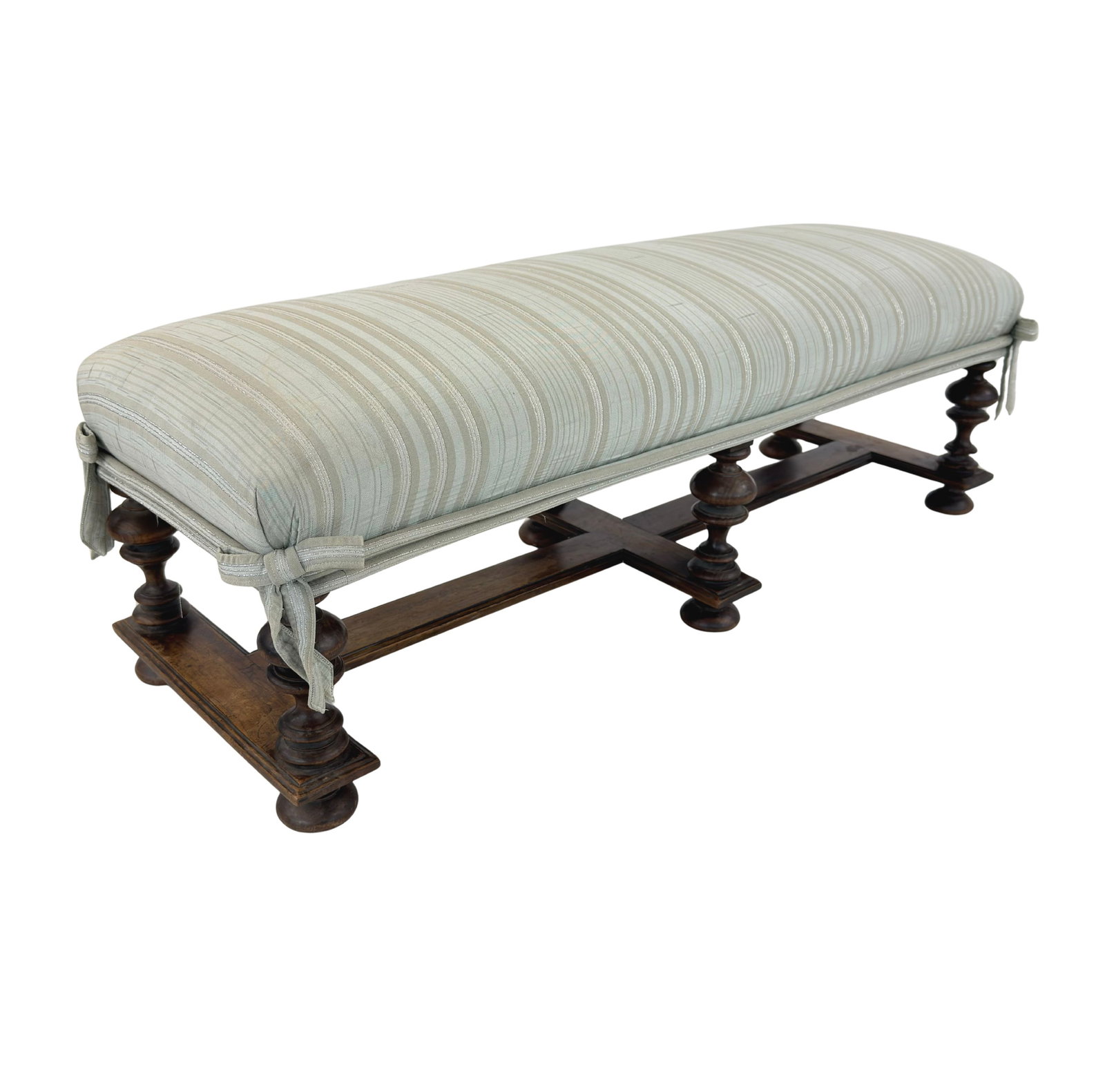 ANTIQUE SPANISH FOOTSTOOL: Dimensions: H 12.5" x W 36.5” x D 12”. Antique Spanish turned wood footstool with original turqouise fabric seat.