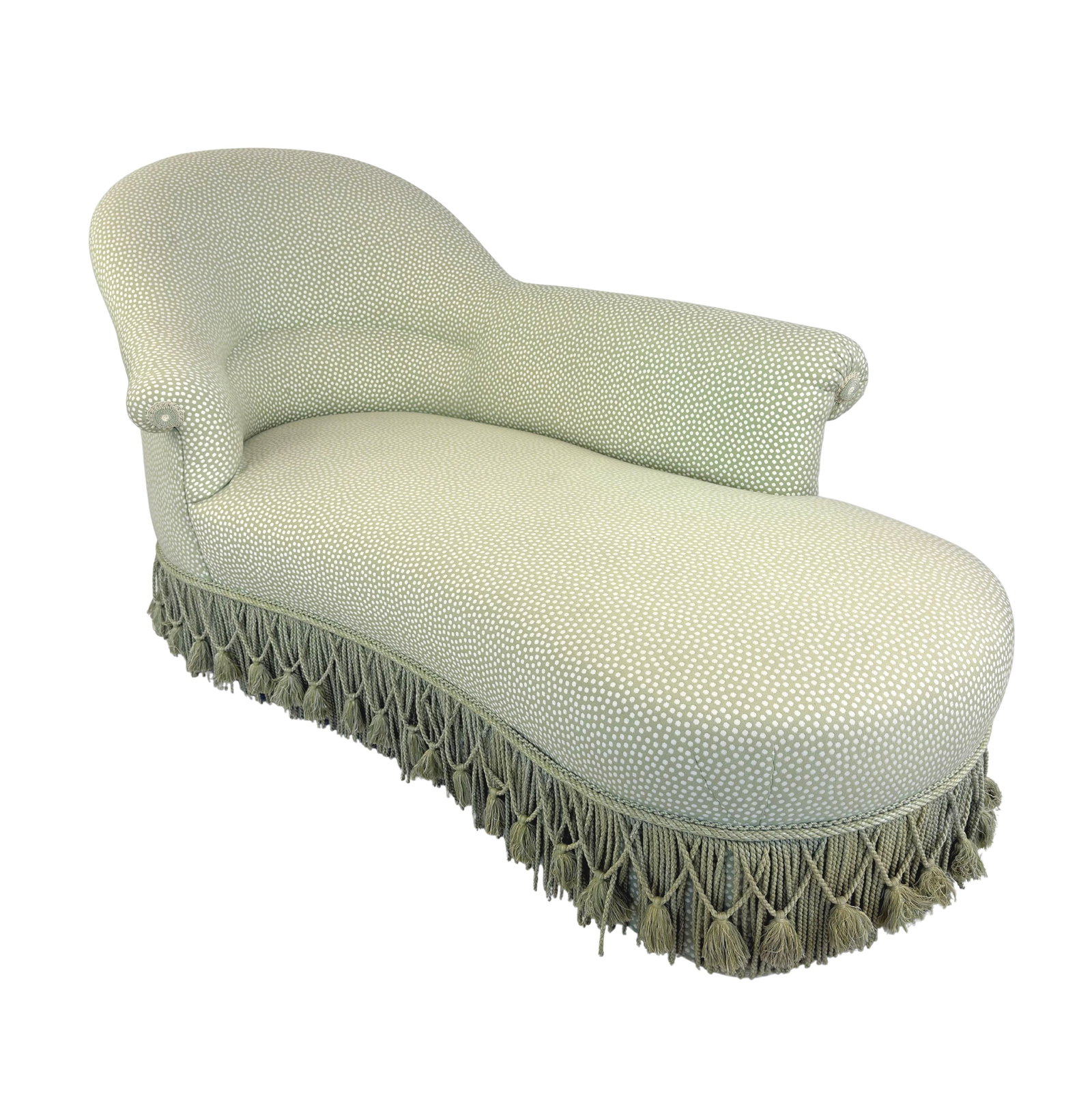 FRENCH NAPOLEON III CHAISE LONGUE: Dimensions: H 33.5” x W 65.5” x D 32” x SH 15”. Vintage French Napoleon III style chaise longue with original light green fabric with fringes.