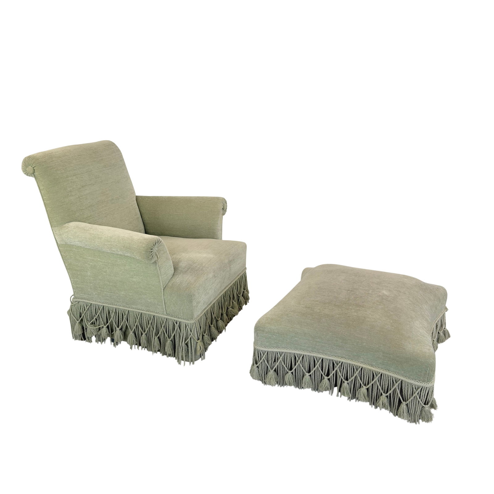 FRENCH NAPOLEON III ARMCHAIR WITH OTTOMAN: Dimensions: H 36” x W 34” x D 34” x SH 17.5”. Vintage French Napoleon III style armchair with ottoman in original light green fabric with fringes. Dimensions (ottoman) H 16" x