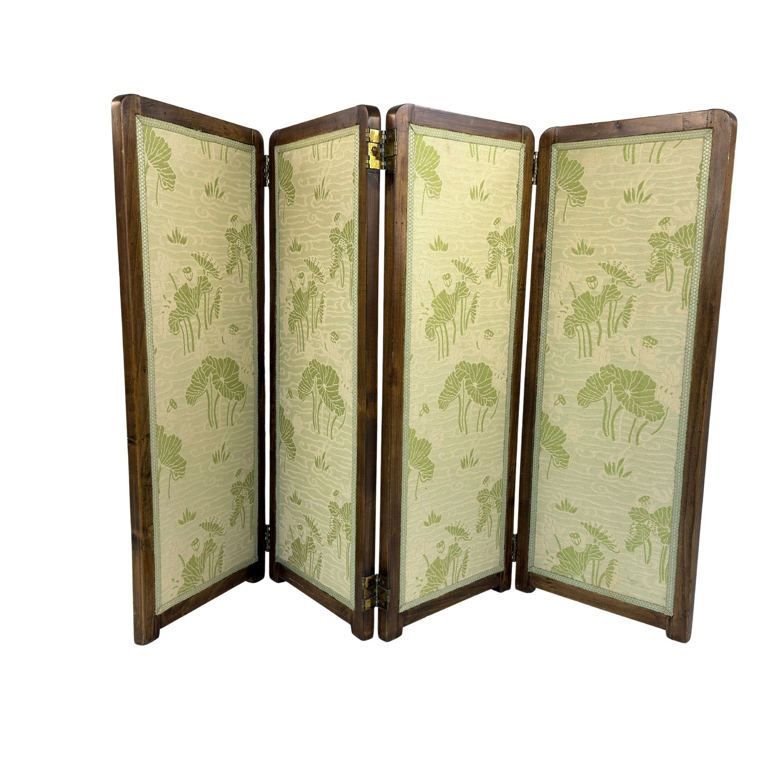 VINTAGE ROOM DIVIDER: Dimensions: H 36” x W 56”. Vintage 4-panel room divider with wooden frame and double-sided fabric in light green.